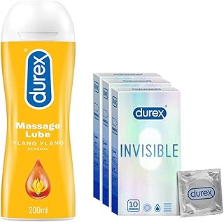 Durex Invisible Super Ultra Thin Condoms For Men 10 Count|Pack Of 3| Suitable For Use With Lubes & Toys, White & Lube Sensual Massage And Lubricant Gel - 200Ml
