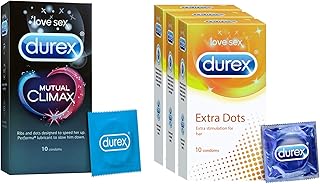 Durex Mutual Climax Condoms for Men & Women - 10 Count | Performa Lubricant for Long Lasting Climax Delay | Suitable for use with lubes & toys & Extra Dotted Condoms for Men - 10 Count (Pack of 3)
