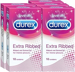 Durex Extra Ribbed Condoms for Men - 10 Count (Pack of 5) |Dotted and Dotted for Extra Stimulation|Suitable for use with lubes & toys