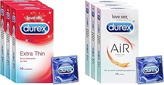 Durex Air Condoms for Men - 10 Count (Pack of 3) | Suitable for use with lubes & toys & Extra Thin Condoms for Men - 10 Count (Pack of 3) | Suitable for use with lubes & toys