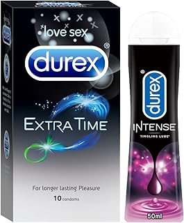 Durex Extra Time Condoms for Men - 10 Count with Durex Lube Intense Lubricant Gel for Men & Women - 50ml |Water based lube|Suitable for use with toys