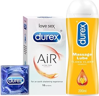 Durex Air Condoms for Men - 10 Count with Durex Lube Sensual Massage and Lubricant Gel for Men & Women - 200ml | Water based lube | Suitable for use with toys