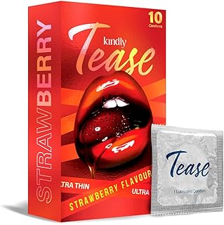 Kindly Tease Ultra Thin Strawberry flavour Condoms for Men, Pack of 10 | Suitable with lubes, honeymoon kit & sex toys for men